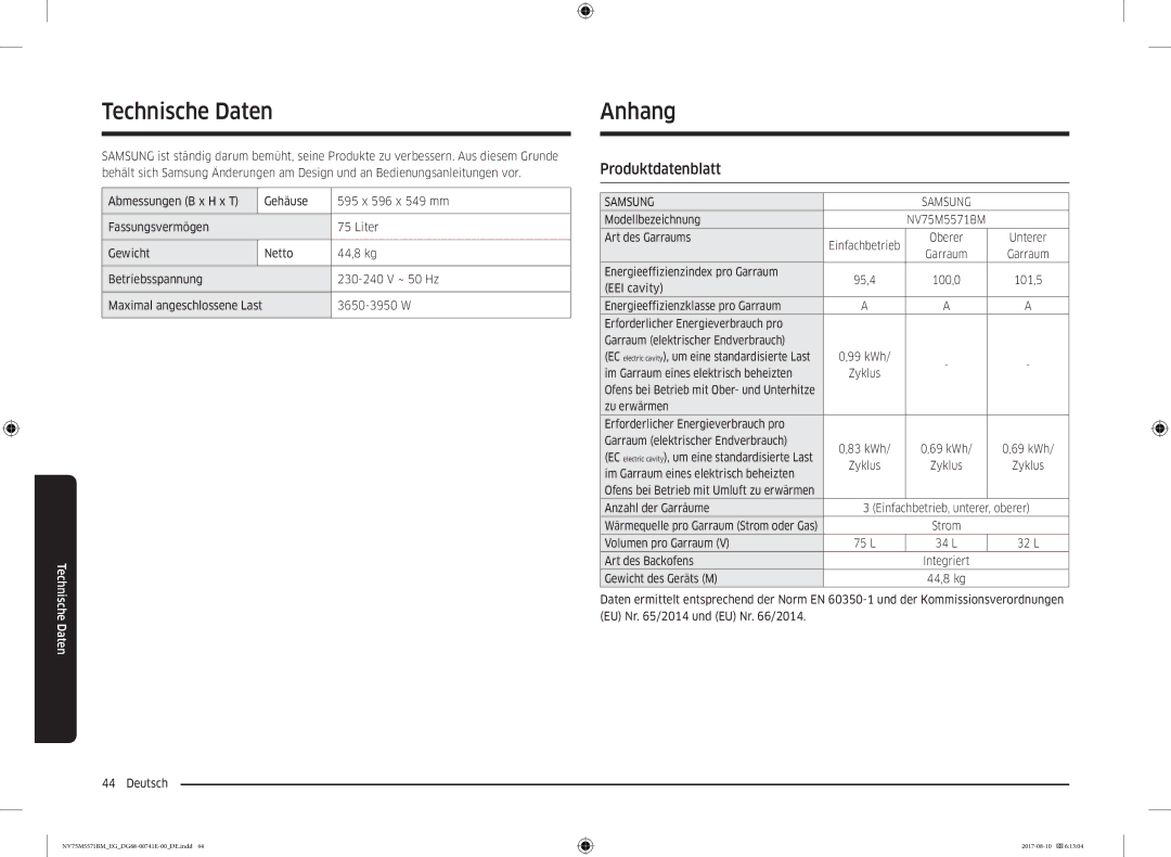 Samsung NV75M5571BM/EG manual Technische Daten, Anhang, Produktdatenblatt 