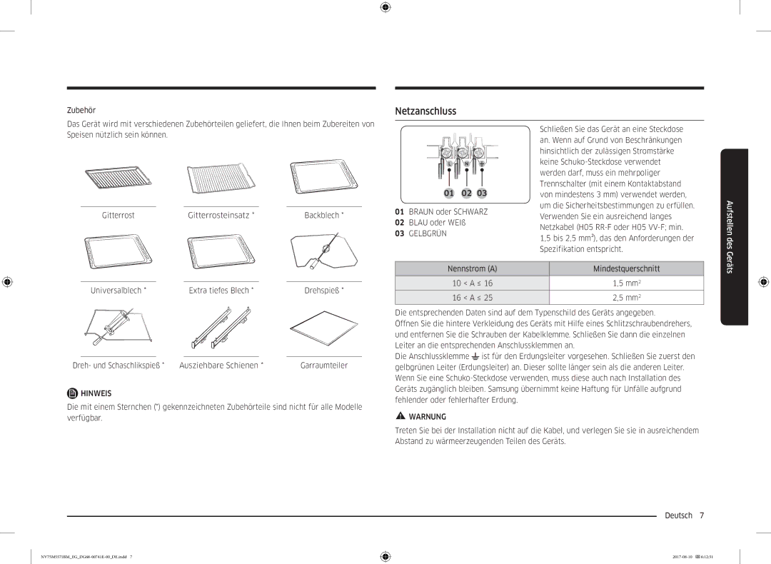 Samsung NV75M5571BM/EG manual Netzanschluss, 01 02 Braun oder Schwarz Blau oder WEIß, Mindestquerschnitt 