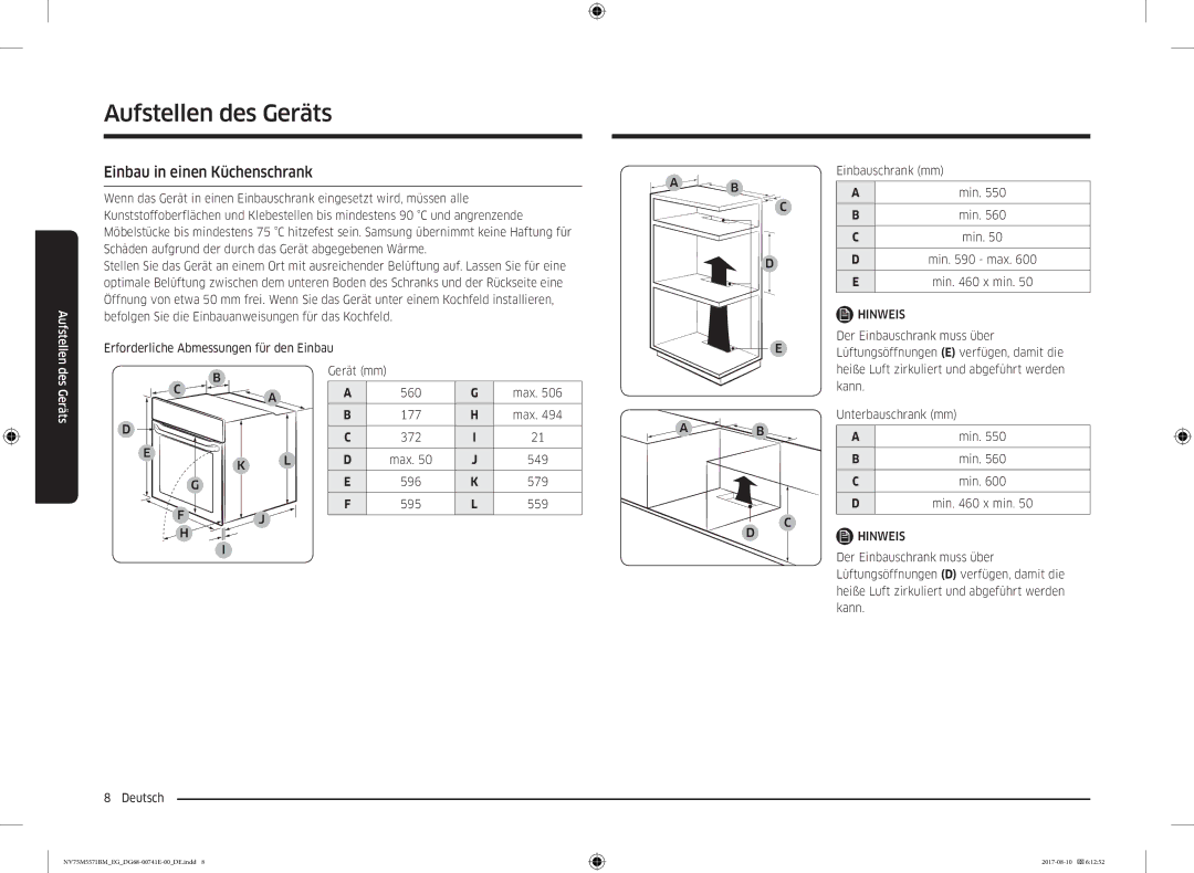 Samsung NV75M5571BM/EG manual Einbau in einen Küchenschrank, Max 177 372 549 596 579 595 559, Min x min 