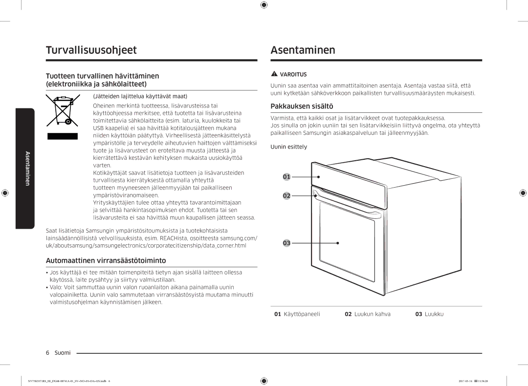 Samsung NV75M5572RS/EE, NV75K5571RS/EE manual Asentaminen, Automaattinen virransäästötoiminto, Pakkauksen sisältö 