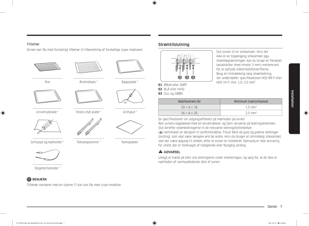 Samsung NV75K5571RS/EE, NV75M5572RS/EE manual Strømtilslutning, 01 02 Brun eller Sort 02 BLÅ eller Hvid GUL og Grøn 