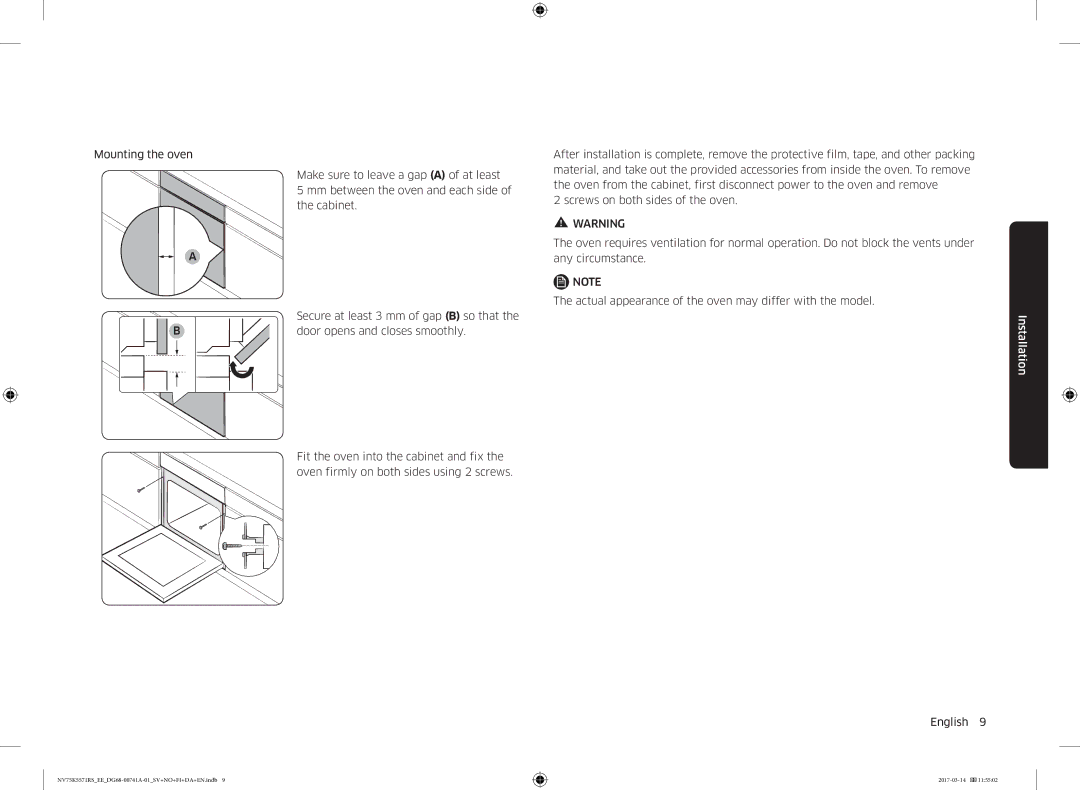 Samsung NV75K5571RS/EE, NV75M5572RS/EE manual Installation 