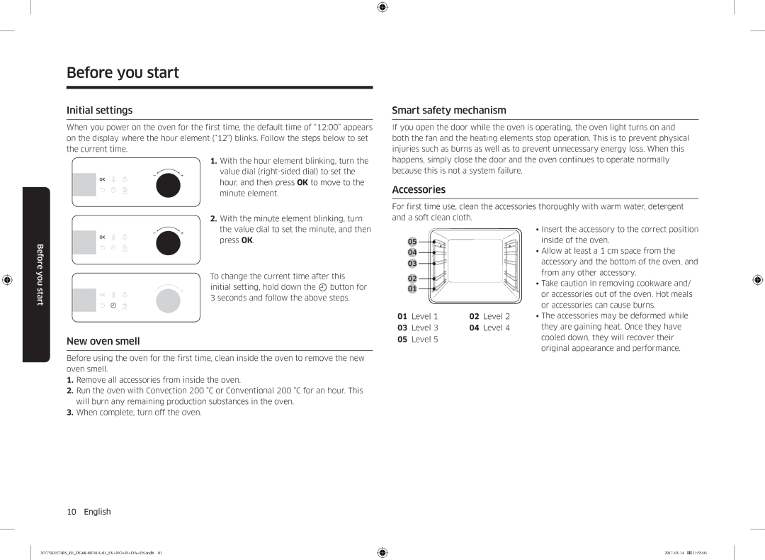 Samsung NV75M5572RS/EE manual Before you start, Initial settings, Smart safety mechanism, Accessories, New oven smell 