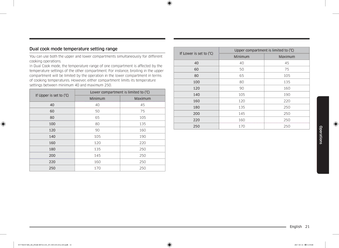 Samsung NV75K5571RS/EE, NV75M5572RS/EE manual Dual cook mode temperature setting range 