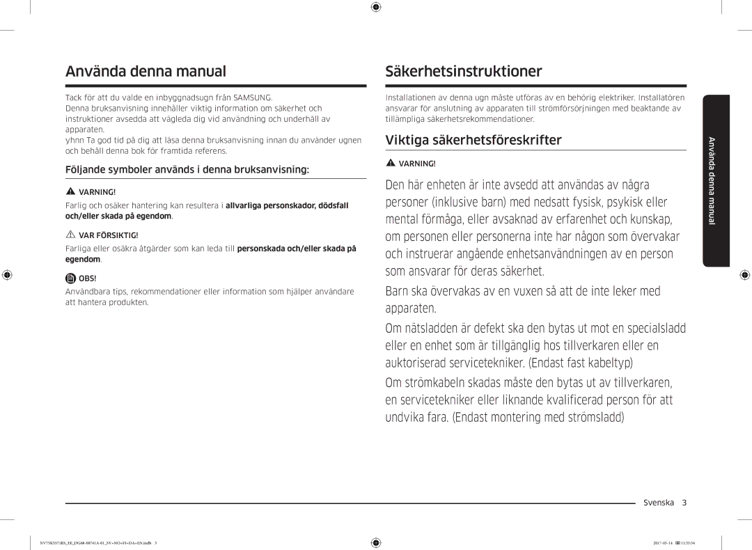 Samsung NV75K5571RS/EE Använda denna manual, Säkerhetsinstruktioner, Följande symboler används i denna bruksanvisning 