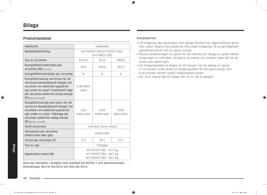 Samsung NV75M5572RS/EE, NV75K5571RS/EE manual Bilaga, Produktdatablad 