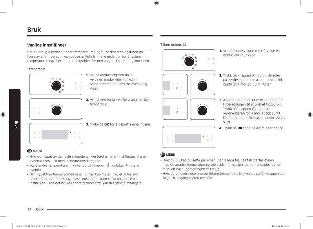 Samsung NV75M5572RS/EE, NV75K5571RS/EE manual Vanlige innstillinger 