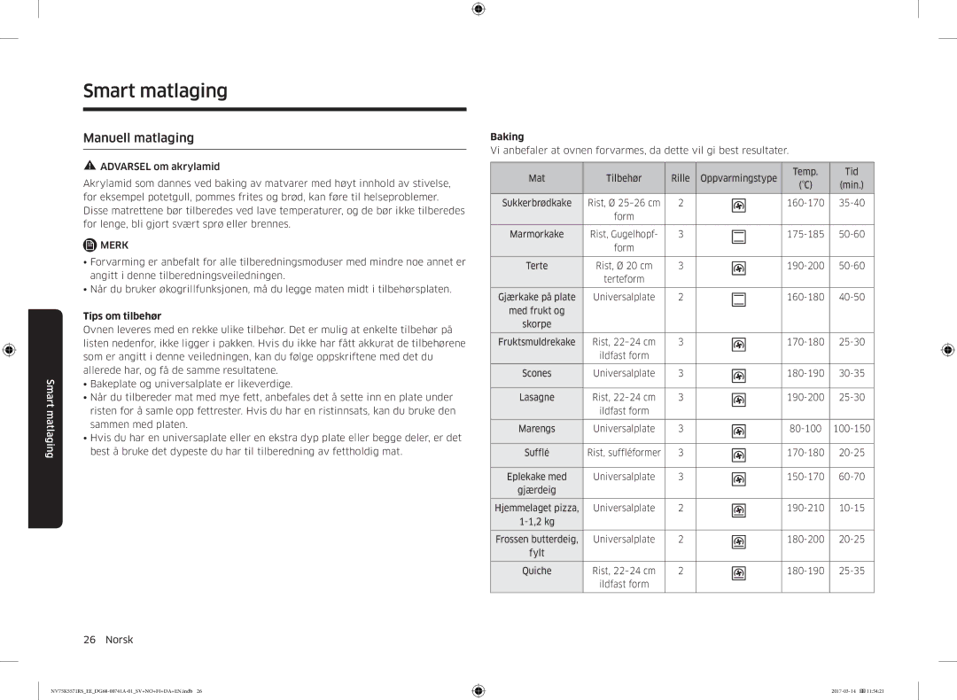 Samsung NV75M5572RS/EE, NV75K5571RS/EE manual Smart matlaging, Manuell matlaging, Tips om tilbehør, Baking 