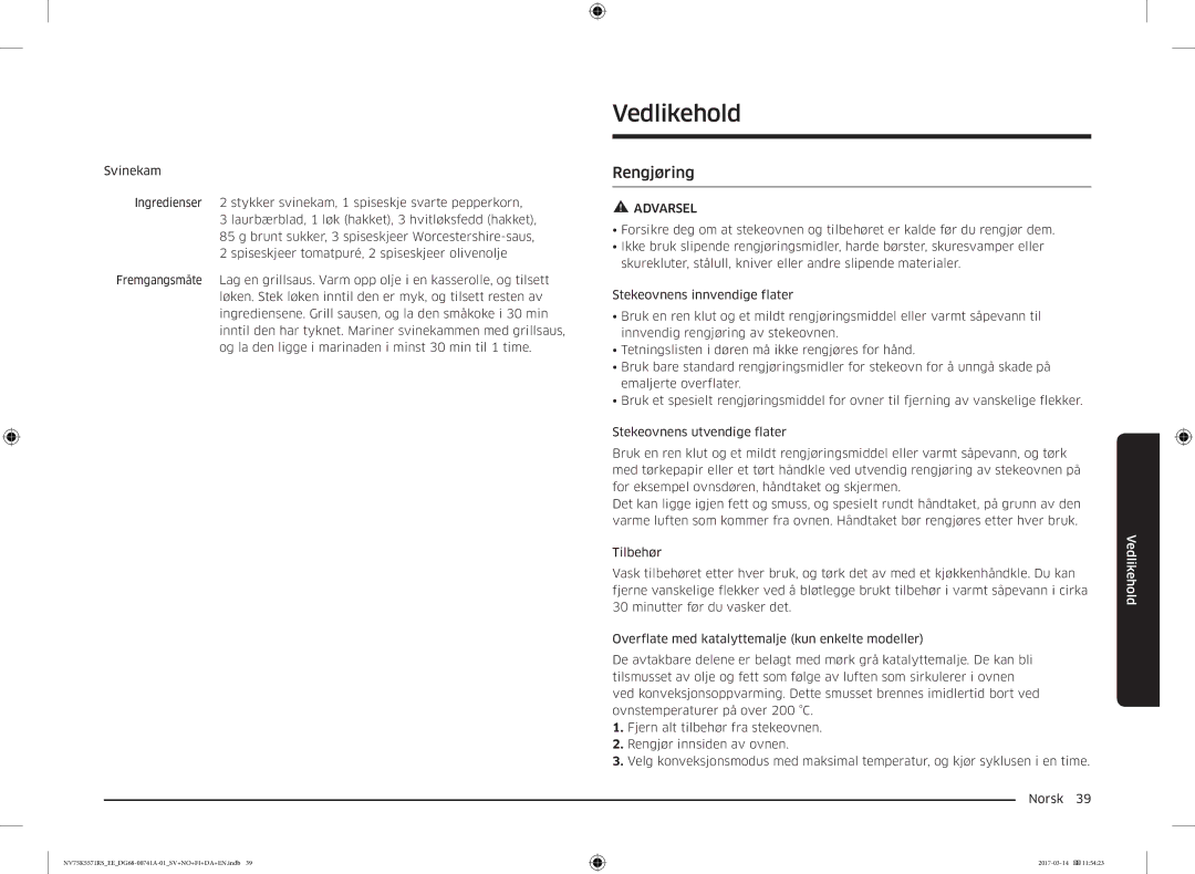 Samsung NV75K5571RS/EE, NV75M5572RS/EE manual Vedlikehold, Rengjøring 