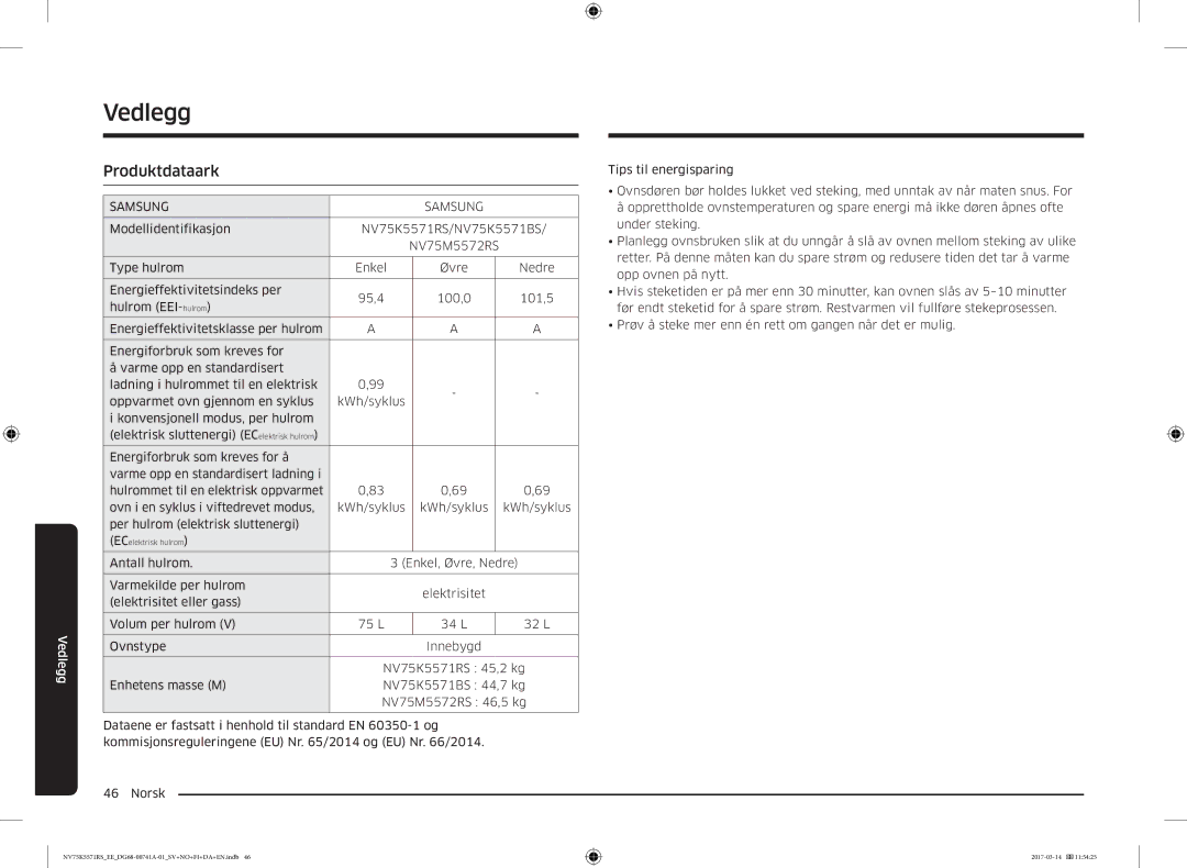 Samsung NV75M5572RS/EE, NV75K5571RS/EE manual Vedlegg, Produktdataark 