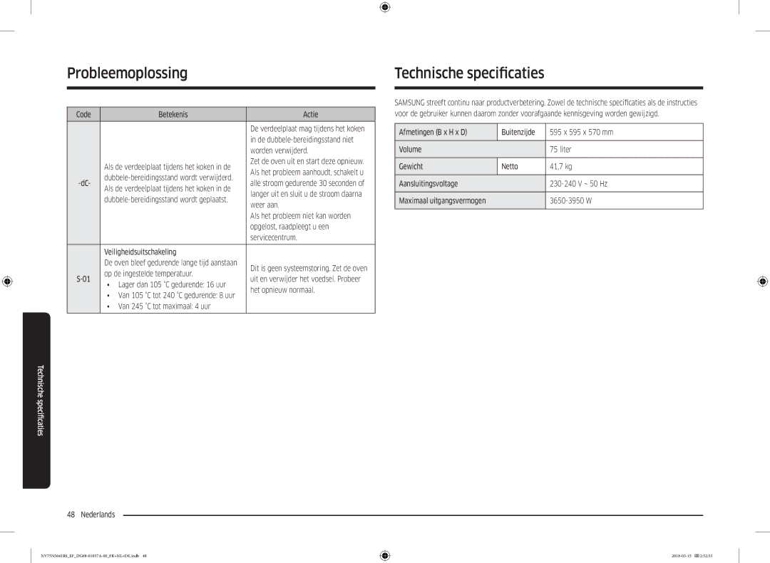 Samsung NV75N5641RS/EF manual Probleemoplossing Technische specifcaties 