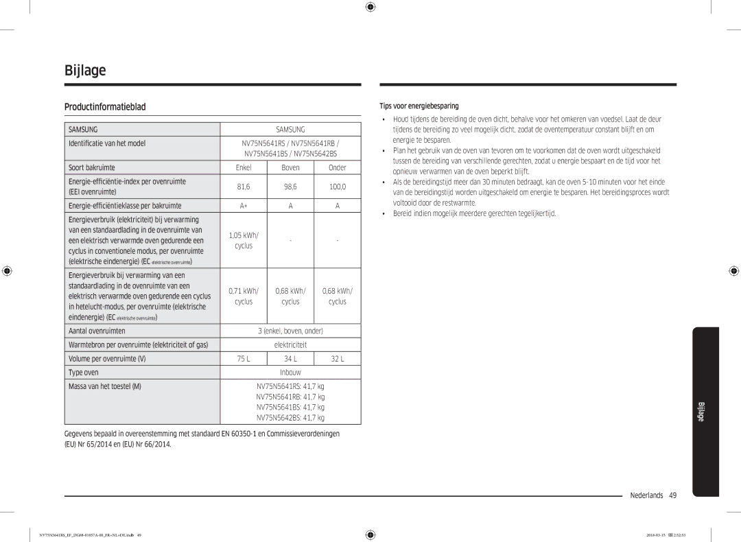 Samsung NV75N5641RS/EF manual Bijlage, Productinformatieblad 