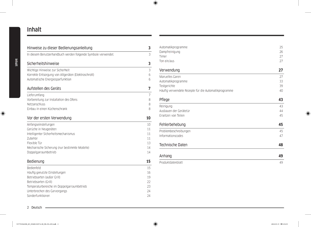 Samsung NV75N5641RS/EF manual Inhalt 