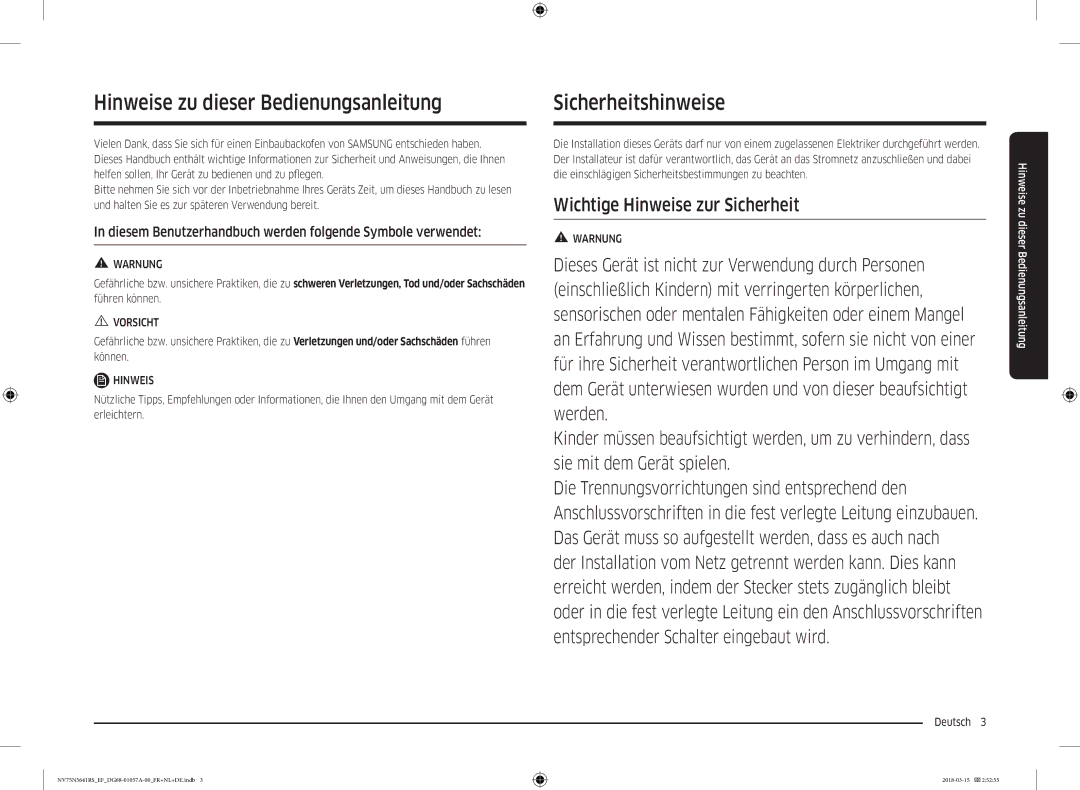 Samsung NV75N5641RS/EF manual Hinweise zu dieser Bedienungsanleitung, Sicherheitshinweise, Deutsch  