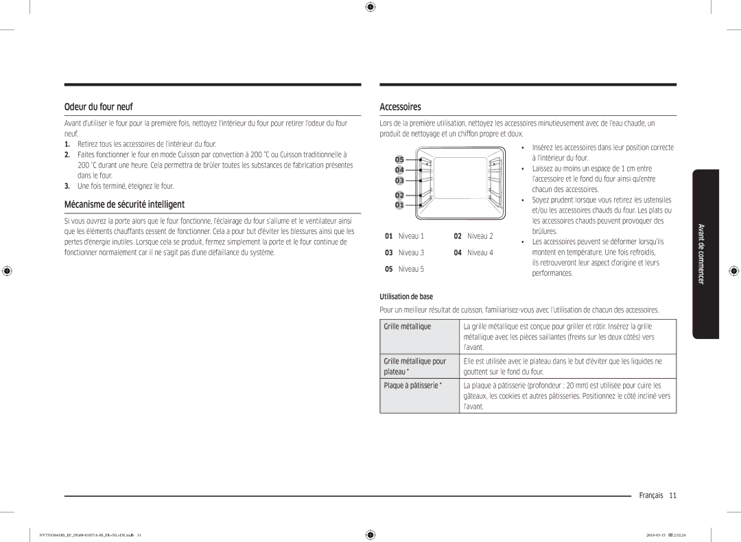 Samsung NV75N5641RS/EF manual Odeur du four neuf, Mécanisme de sécurité intelligent, Accessoires 