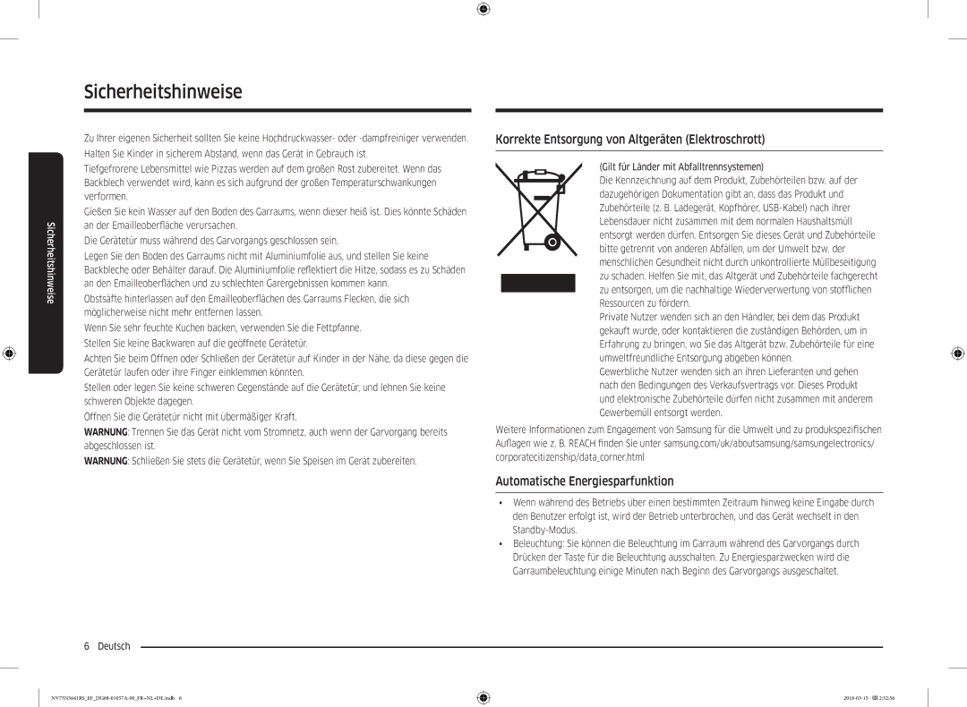 Samsung NV75N5641RS/EF manual Korrekte Entsorgung von Altgeräten Elektroschrott, Automatische Energiesparfunktion 