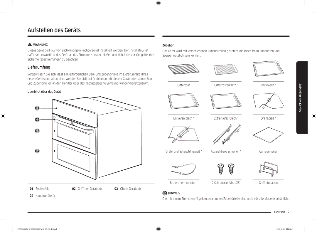 Samsung NV75N5641RS/EF manual Aufstellen des Geräts, Lieferumfang, Bedienfeld Griff der Gerätetür 