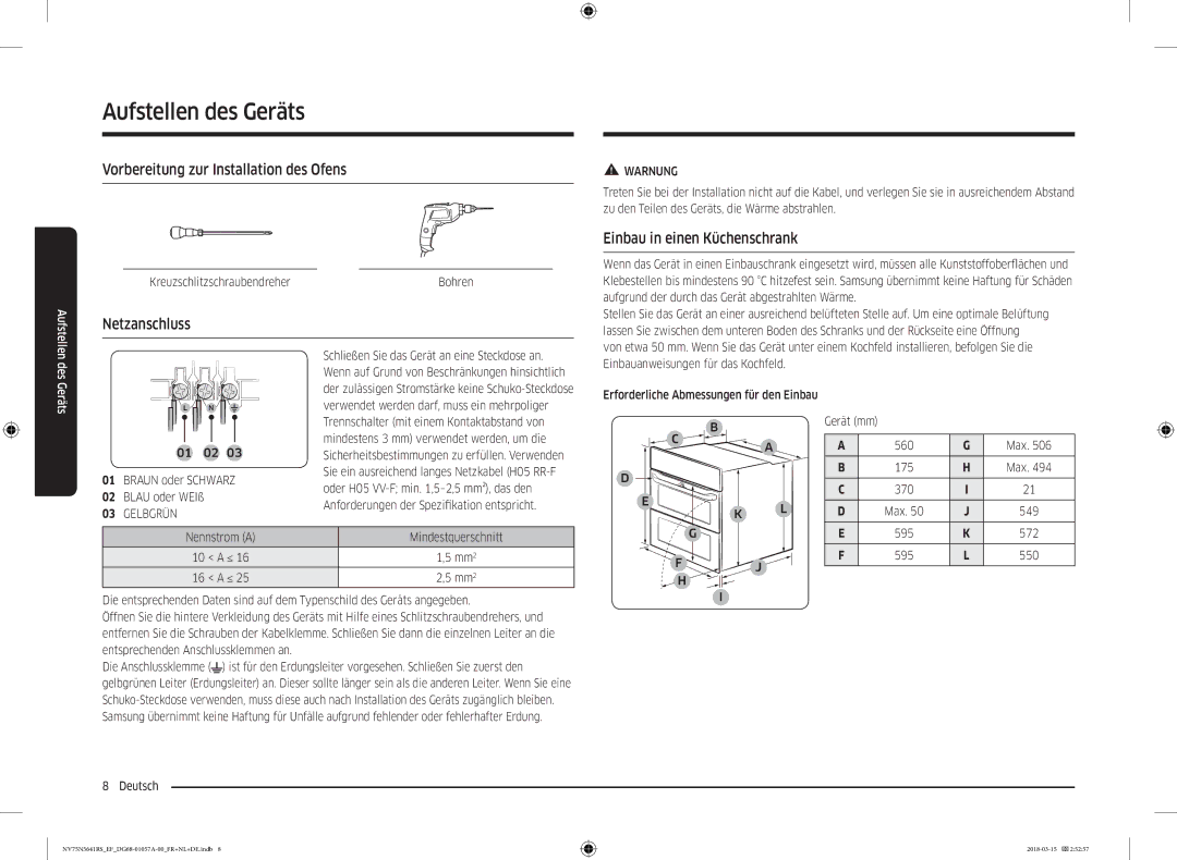 Samsung NV75N5641RS/EF manual Vorbereitung zur Installation des Ofens, Netzanschluss, Einbau in einen Küchenschrank 