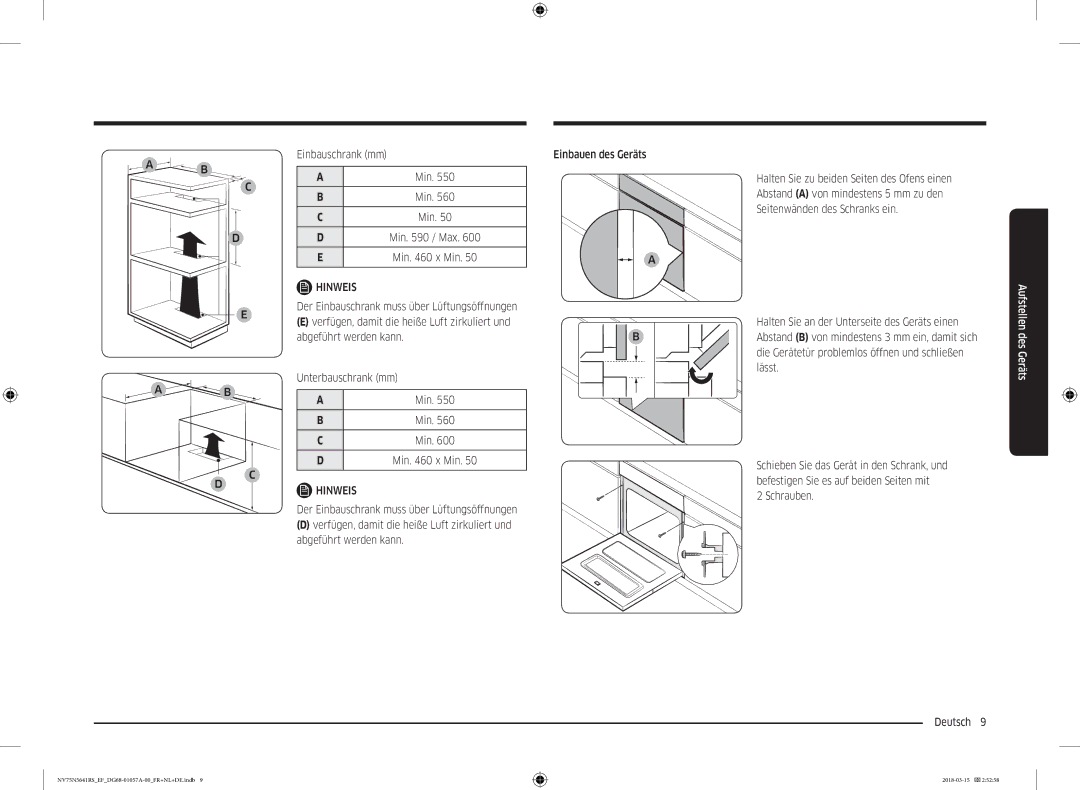 Samsung NV75N5641RS/EF manual Einbauschrank mm Min, Abgeführt werden kann, Unterbauschrank mm, Lässt, Schrauben Deutsch  