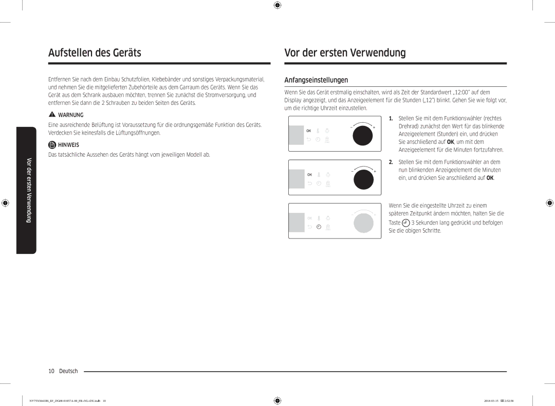 Samsung NV75N5641RS/EF manual Aufstellen des Geräts Vor der ersten Verwendung, Anfangseinstellungen 