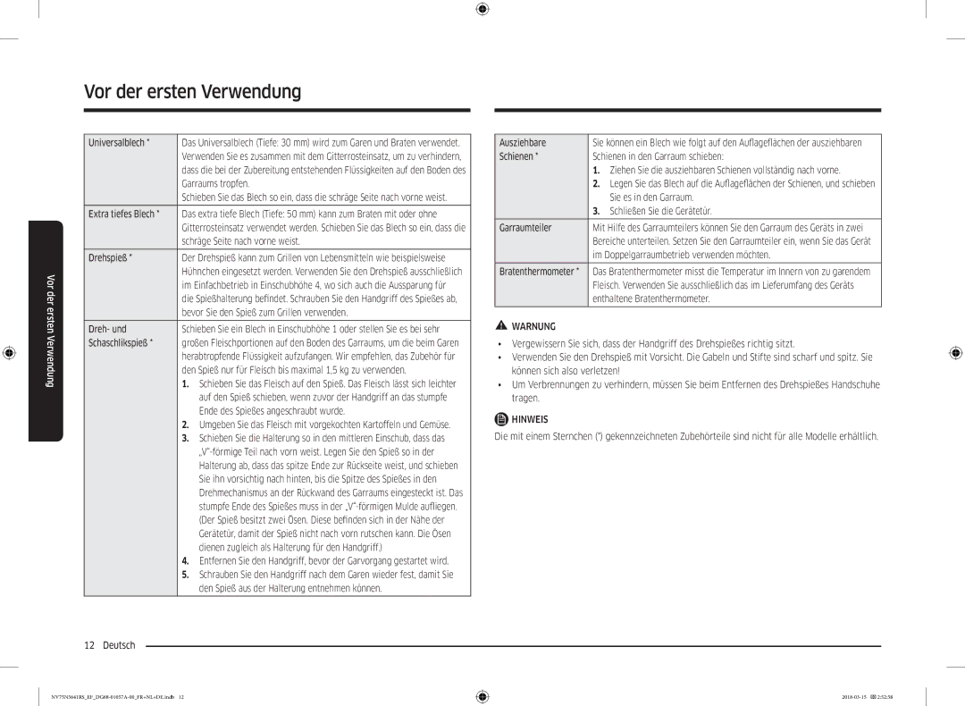 Samsung NV75N5641RS/EF Universalblech, Garraums tropfen, Drehspieß, Bevor Sie den Spieß zum Grillen verwenden, Dreh- und 