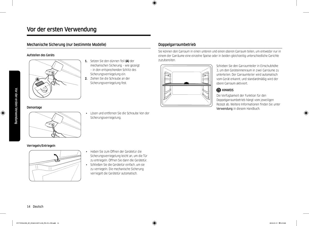 Samsung NV75N5641RS/EF manual Aufstellen des Geräts Demontage Verriegeln/Entriegeln 