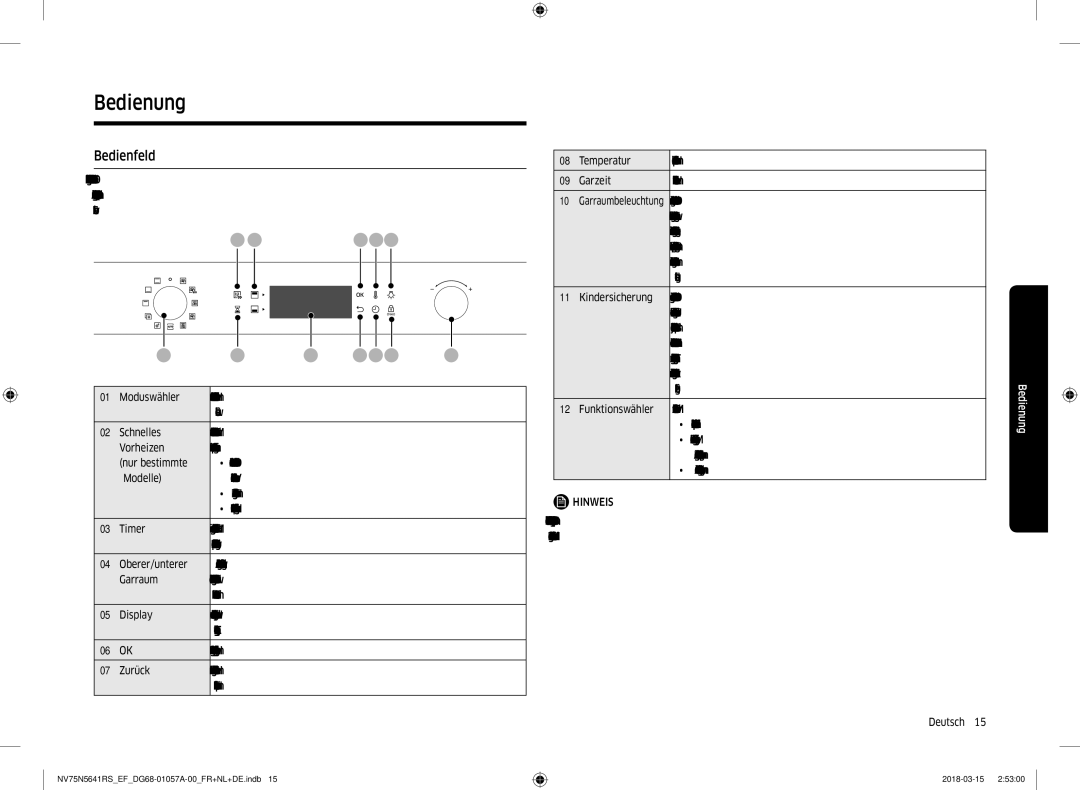 Samsung NV75N5641RS/EF manual Bedienung, Bedienfeld 