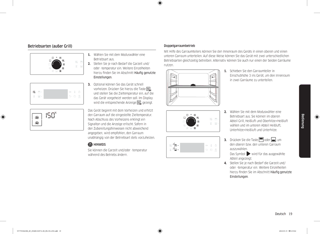 Samsung NV75N5641RS/EF manual Betriebsarten außer Grill, Wählen Sie mit dem Moduswähler eine 