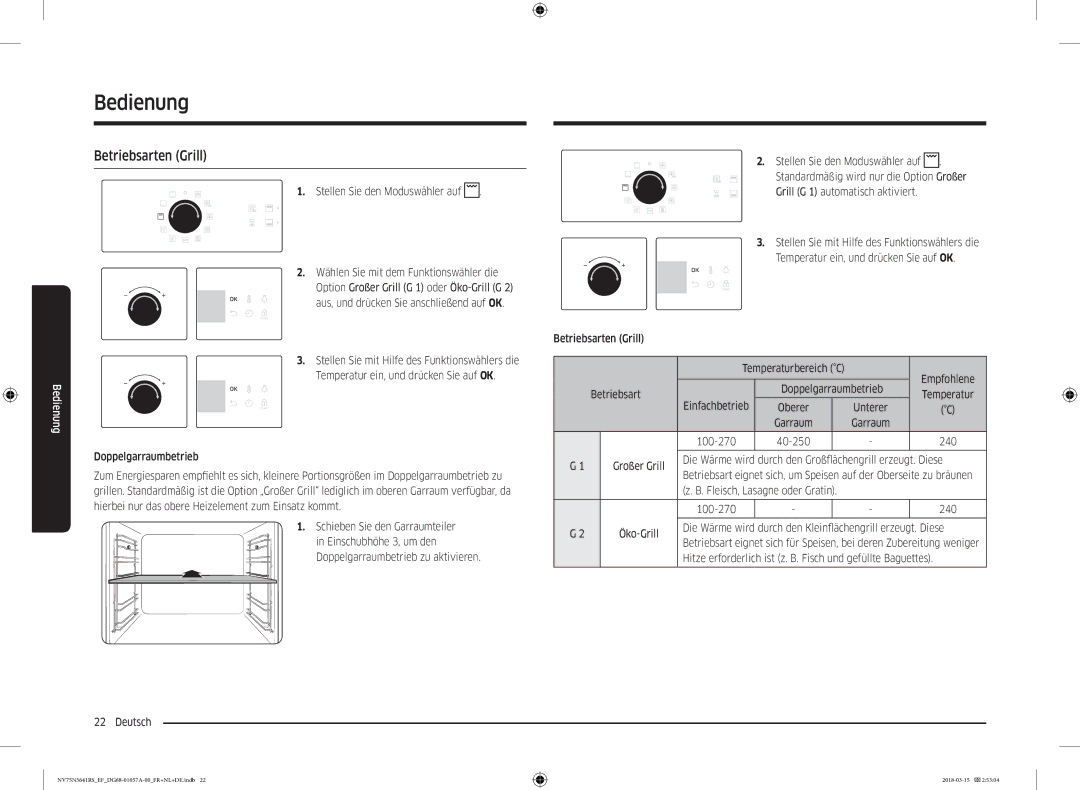 Samsung NV75N5641RS/EF manual Betriebsarten Grill 