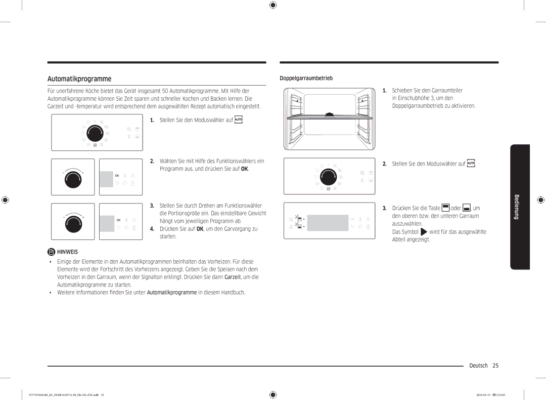 Samsung NV75N5641RS/EF manual Automatikprogramme, Drücken Sie auf OK, um den Garvorgang zu starten 