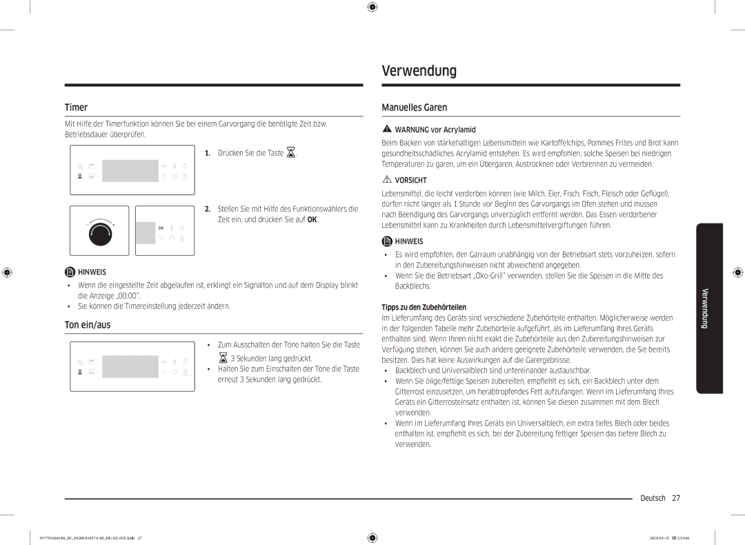 Samsung NV75N5641RS/EF manual Verwendung, Ton ein/aus, Manuelles Garen, Warnung vor Acrylamid, Tipps zu den Zubehörteilen 