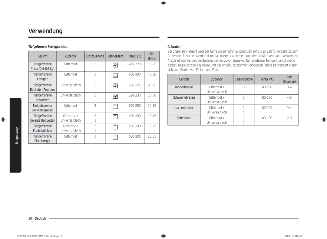 Samsung NV75N5641RS/EF manual Tiefgefrorene Fertiggerichte, Anbraten, Temp. C Zeit 