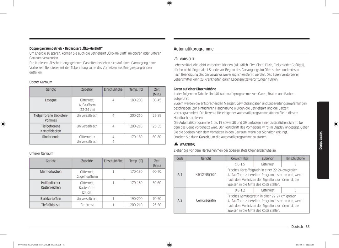 Samsung NV75N5641RS/EF manual Doppelgarraumbetrieb Betriebsart „Öko-Heißluft, Garen auf einer Einschubhöhe 