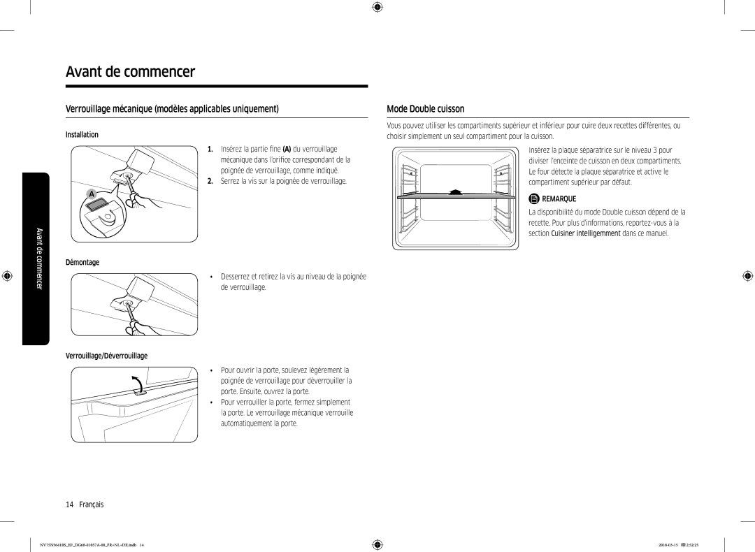 Samsung NV75N5641RS/EF manual Verrouillage mécanique modèles applicables uniquement, Mode Double cuisson 