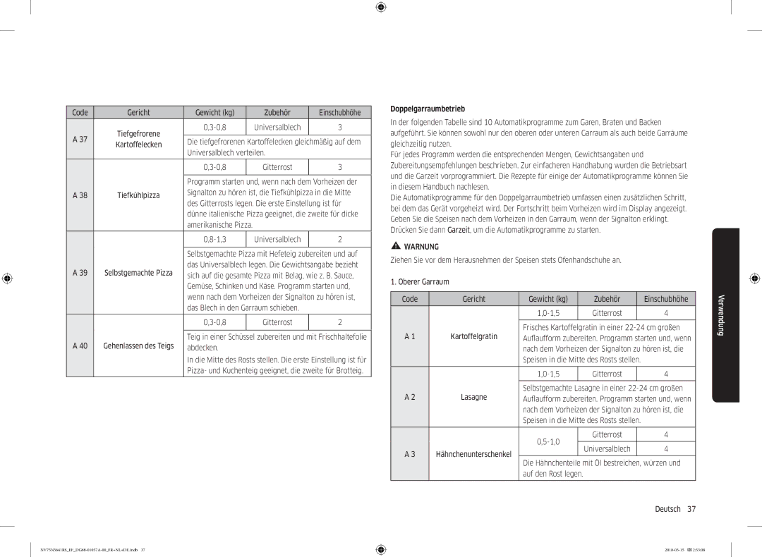 Samsung NV75N5641RS/EF manual Code Gericht Gewicht kg Zubehör Einschubhöhe, Universalblech verteilen 0,8, Abdecken 