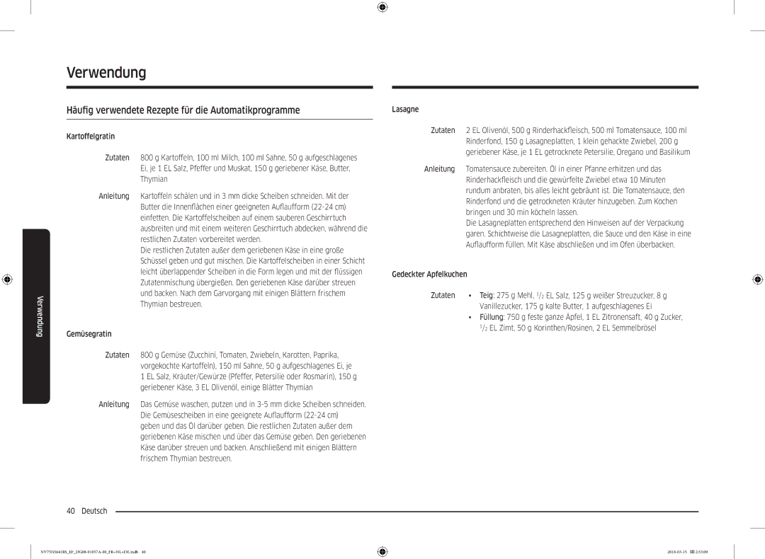 Samsung NV75N5641RS/EF manual Häufig verwendete Rezepte für die Automatikprogramme, Deutsch Lasagne 