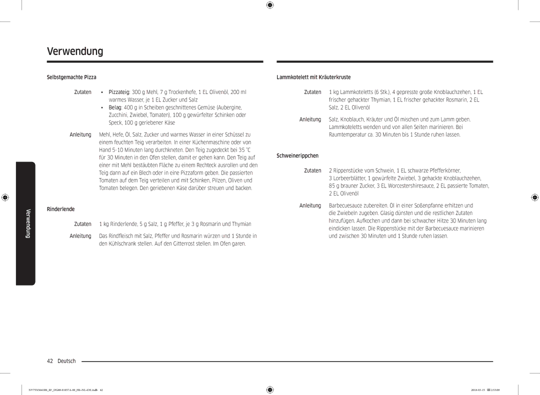 Samsung NV75N5641RS/EF manual Speck, 100 g geriebener Käse 