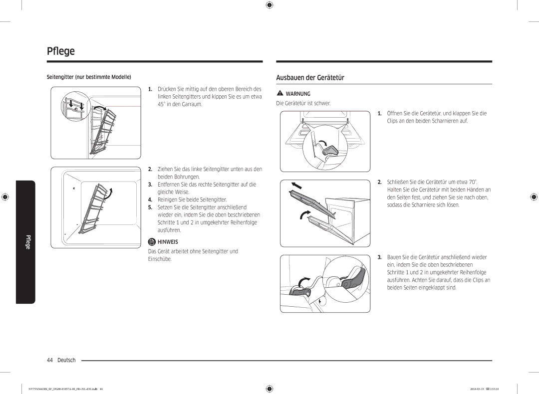 Samsung NV75N5641RS/EF manual Pfleg, Ausbauen der Gerätetür, Seitengitter nur bestimmte Modelle 