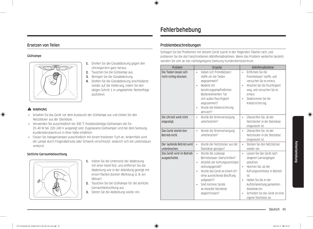 Samsung NV75N5641RS/EF manual Fehlerbehebung, Ersetzen von Teilen, Problembeschreibungen 