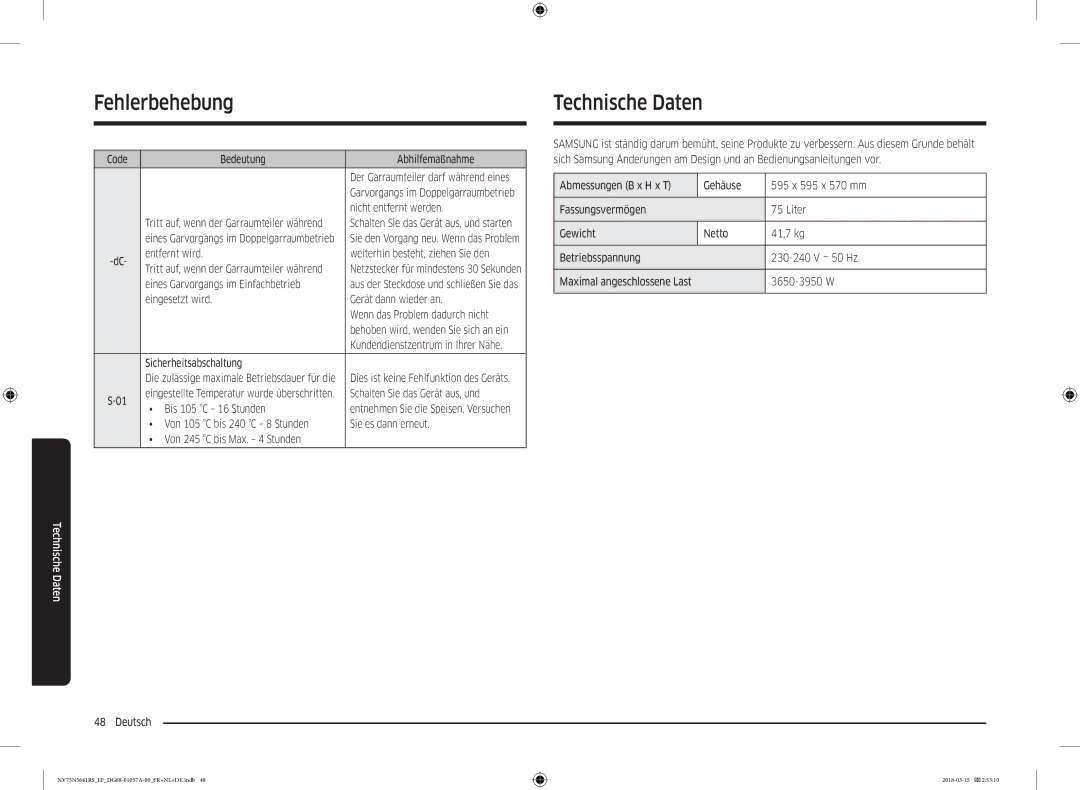 Samsung NV75N5641RS/EF manual Technische Daten 