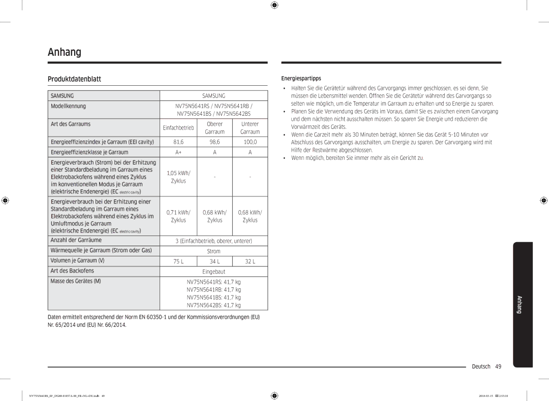 Samsung NV75N5641RS/EF manual Anhang, Produktdatenblatt 