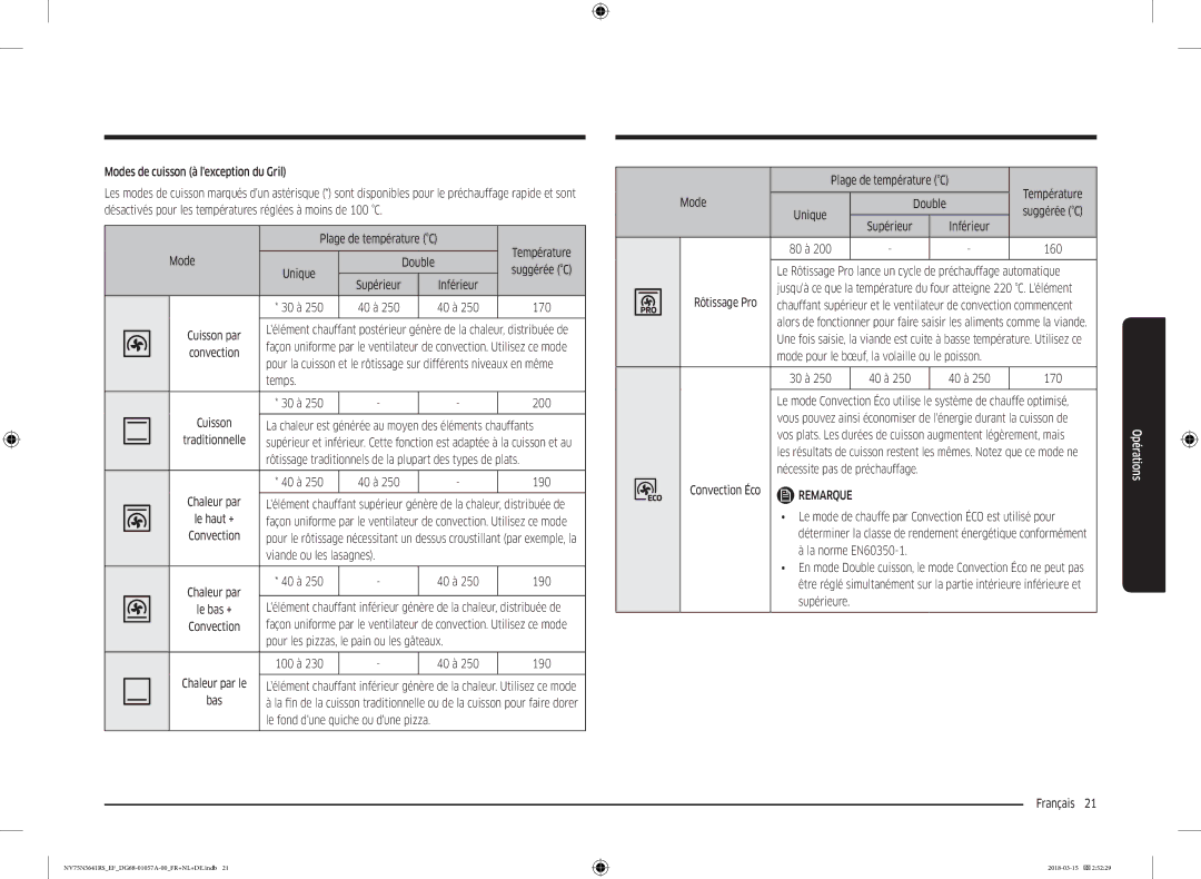 Samsung NV75N5641RS/EF manual Plage de température C Température Mode, Unique, Supérieur Inférieur 30 à, Temps 30 à, 40 à 