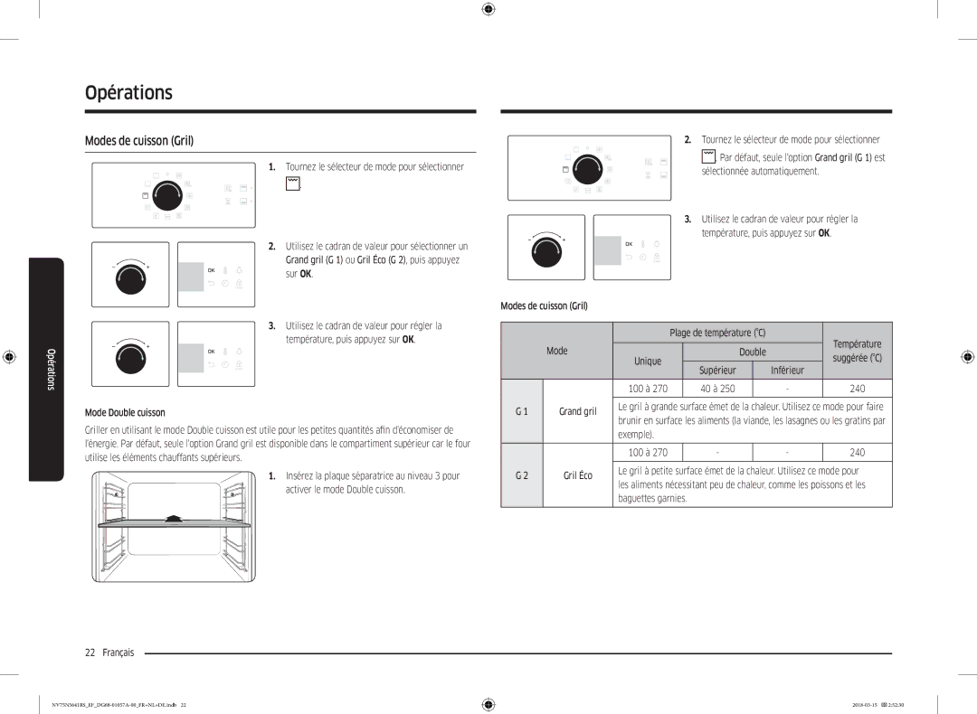 Samsung NV75N5641RS/EF manual Modes de cuisson Gril, Exemple, Baguettes garnies 