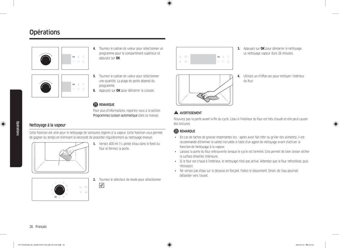 Samsung NV75N5641RS/EF manual Nettoyage à la vapeur, Utilisez un chiffon sec pour nettoyer lintérieur du four 