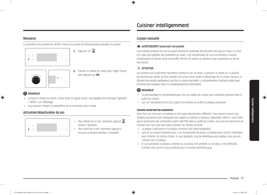 Samsung NV75N5641RS/EF manual Cuisiner intelligemment, Minuterie, Activation/désactivation du son, Cuisson manuelle 