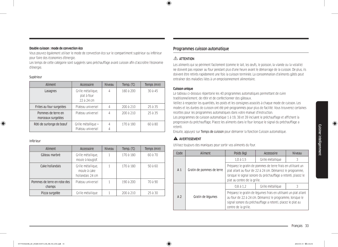 Samsung NV75N5641RS/EF manual Programmes cuisson automatique, Double cuisson mode de convection éco, Cuisson unique 