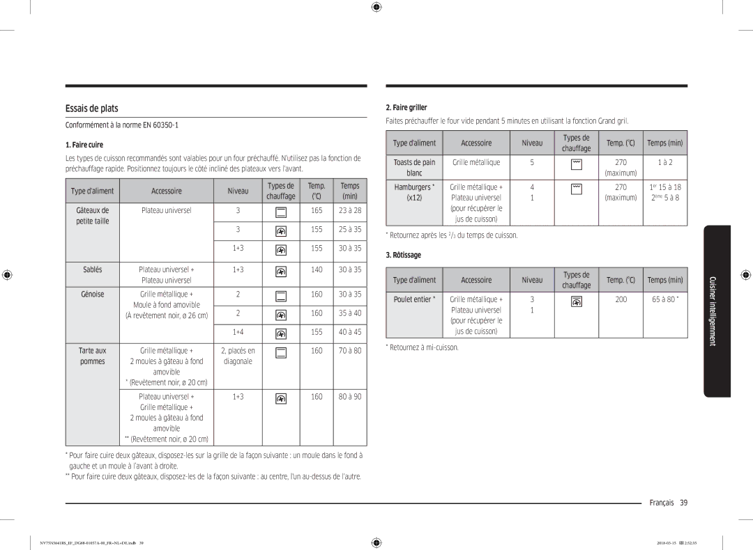 Samsung NV75N5641RS/EF manual Essais de plats, Conformément à la norme EN, 270, Retournez à mi-cuisson Français  