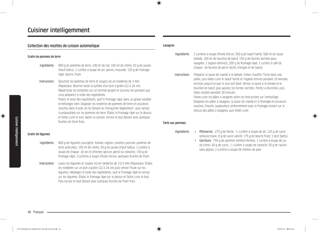 Samsung NV75N5641RS/EF manual Collection des recettes de cuisson automatique 