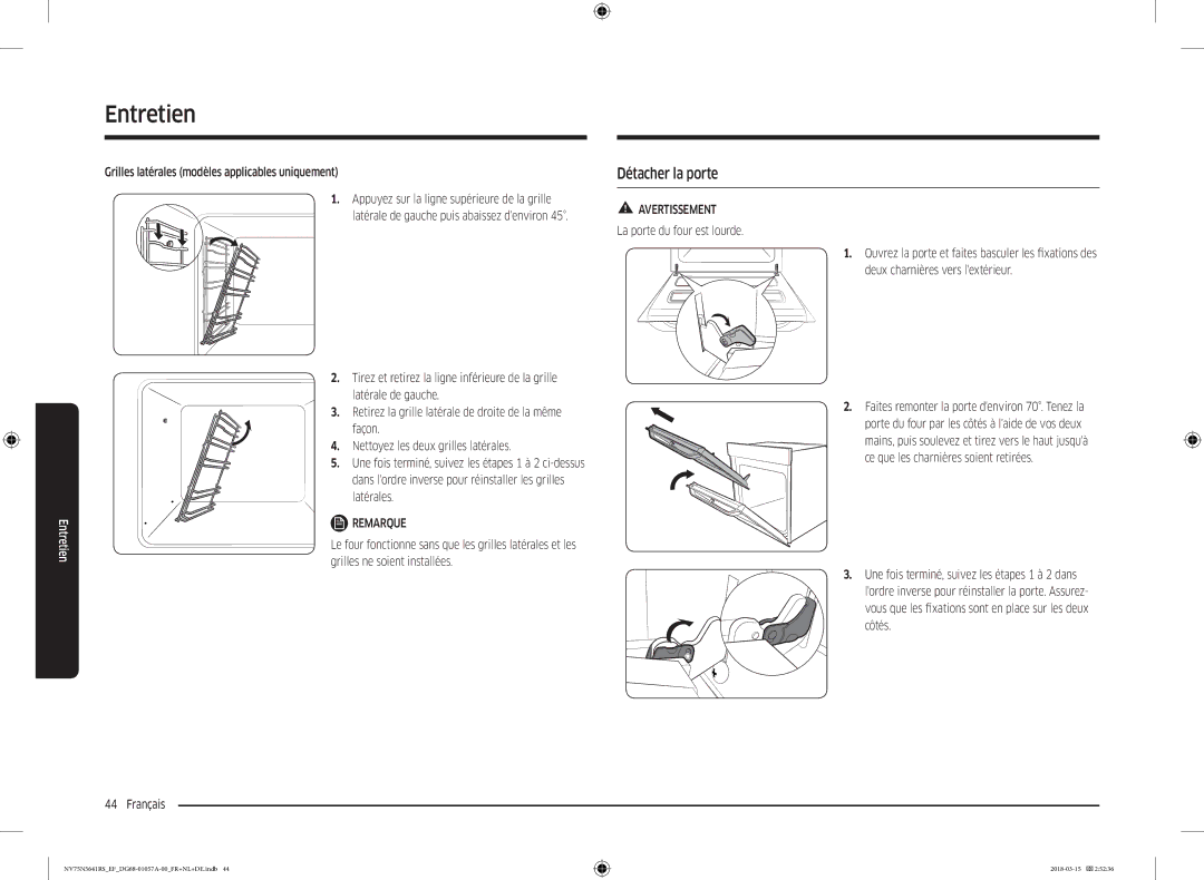 Samsung NV75N5641RS/EF Détacher la porte, Grilles latérales modèles applicables uniquement, La porte du four est lourde 