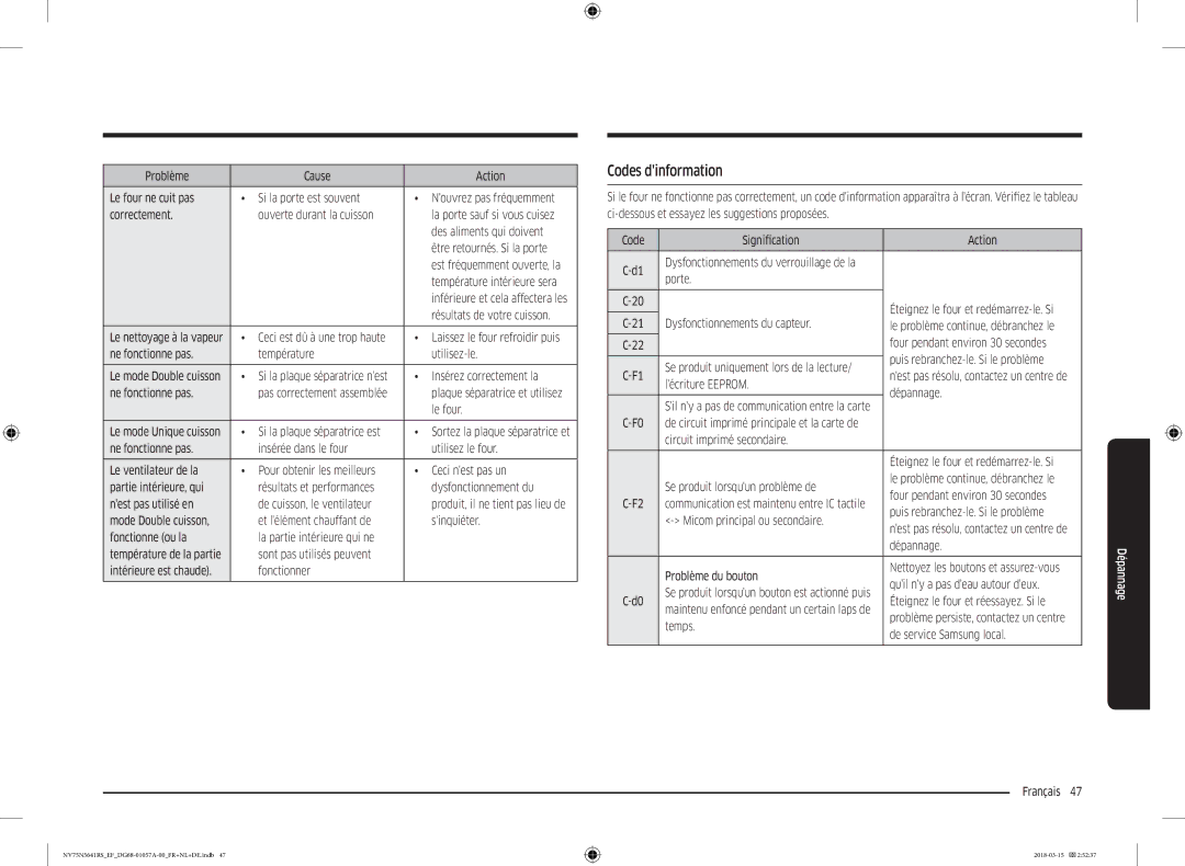 Samsung NV75N5641RS/EF manual Codes dinformation 